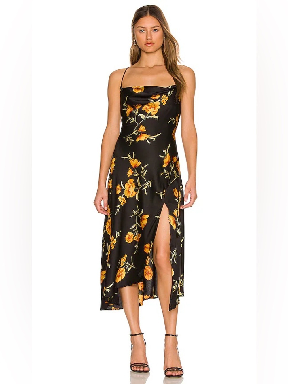 Astr Black Floral Satin Slip Dress with Yellow Orange Flowers